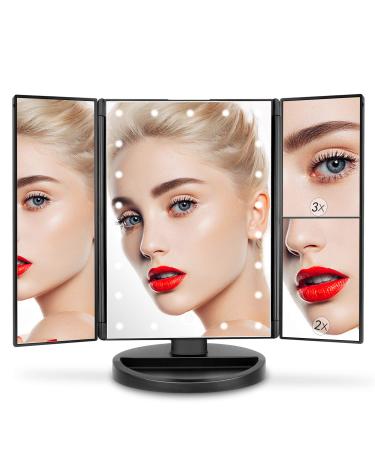 Deweisn Trifold Lighted Vanity Mirror with 21 LED Lights - Touch Screen, 3X/2X/1X Magnification, Two Power Supply Modes - Travel Makeup Mirror (Black) - Buy Online on GoSupps.com