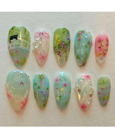 BABALAL Almond Press on Nails Medium Blue Green Fake Nails Bow Glue on Nails Cute Cat Flower Design Acrylic Nails 24Pcs Stiletto Handmade Full Cover False Nails FNZ19cute