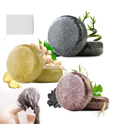 3 Piece Shampoo Bar for Hair Regrowth Solid Shampoo with Ginger Solid Shampoo Regrowth Extreme Shampoo Bar with Ginger and Bubble Net, Suitable for All Hair Types