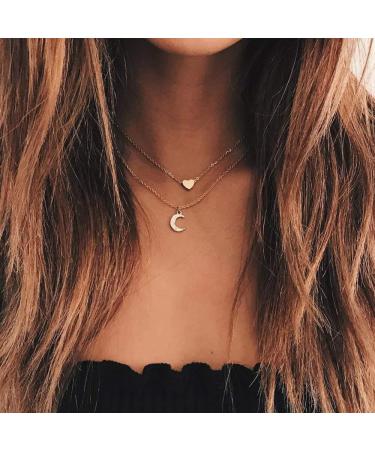 DoubleNine Double Layered Tiny Heart Moon Pendant Gold Dainty Necklaces Everyday Simple Jewelry for Women Girls