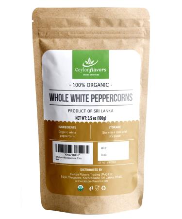 Organic Premium Grade White Peppercorn. Natural Super food enriched with aroma & flavors for cooking and barbeque, 3.5 oz / 100 g