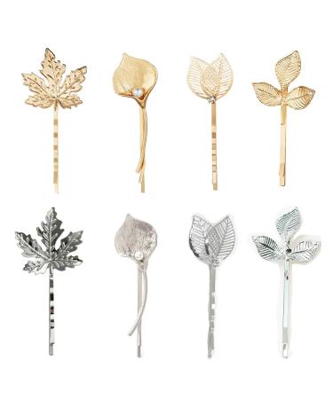8PCS/4Pairs Metal Vintage Leaf Hair Clips  Elegant Retro HairPins Bobby Pins for Women Ladies  Hair Decorations Accessories for Wedding Party Daily Wearing (Gold and Siver)