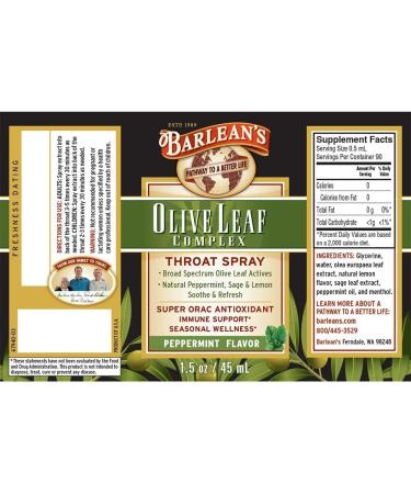 Barlean's Olive Leaf Throat Spray - Peppermint Flavor (1.5 fl oz) | Natural Herbal Relief - Buy Online on GoSupps.com