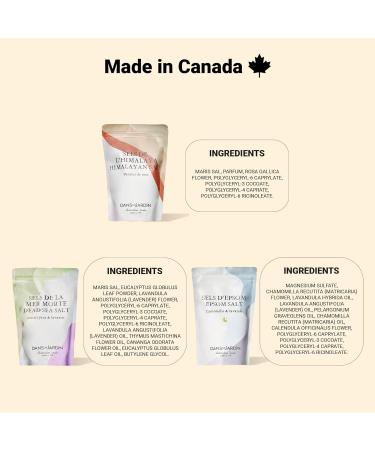 DANS UN JARDIN Trio Bath Salts - Made in Canada - Lavender Eucalyptus and Chamomile - K lm Rose Petals & Good Night - Relaxing Detoxifying and Regenerating - Vegan - Skin-Friendly Gift - 3x400gr - Buy Online on GoSupps.com