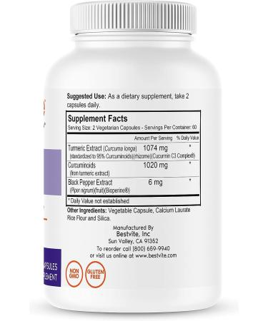 Bestvite Curcumin 510mg (Turmeric) - 120 Vegetarian Capsules with Curcumin C3 Complex & Bioperine - 95% Curcuminoids - Vegan & Non-GMO - Gluten Free - Buy Online on GoSupps.com