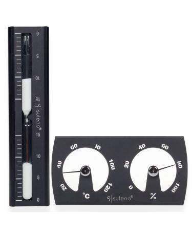 SULENO-Sauna Set Kjell 2-part hourglass 5-15 minutes climate knife thermometer 20-120 hygrometer 0-100% sauna accessories heat resistant modern wall assembly sand clock timepiece (black) - Buy Online on GoSupps.com