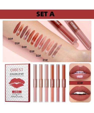 Rechoo 2in1 Lipstick Set - 6Pcs Double Brush Matte & Glossy Liquid Lipstick for Women | Waterproof Long-Lasting Nude & Rosa Red Lip Ink - A-Set A - Buy Online on GoSupps.com