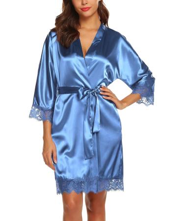 BESDEL Women's Satin Silk V-Neck Short Kimono Robe XL Blue - Buy Online on GoSupps.com