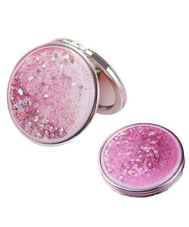 SUKPSY Compact Travel Makeup Mirror Mini Portable Double-Sided Magnifying Handheld Mirror Dream Quicksand Glitter Mirror Folding Mirror for Purses and Travel (Pink + Circular)
