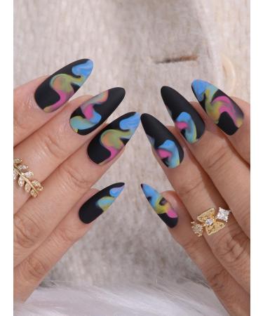 24pcs Rainbow Black Coffin Fake Nail Black Striped Press on Nails Rainbow Black Coffin Nails Luxurious Nails Acrylic Nails Fake Nails For Women Girls - Buy Online on GoSupps.com