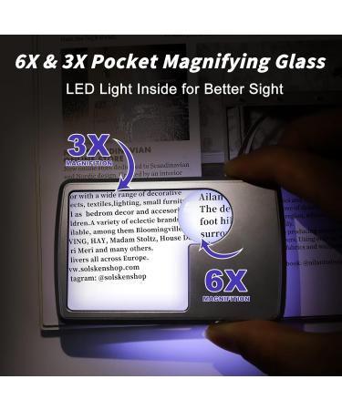 Premium 6X 3X Pocket Magnifying Glass with Light Small Lighted Magnifiers for Kids Seniors Reading Fine Prints Handheld Magnafining Glasses Magnify Glass with Protective Sleeve - Buy Online on GoSupps.com