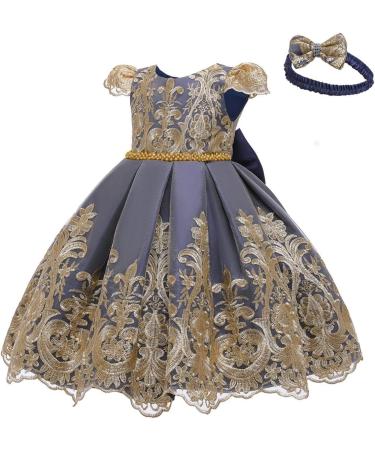 Myrisam Baby Girl Embroidery Princess Dress 4-5 Years Navy Blue - Birthday & Christening Gown with Headwear - Buy Online on GoSupps.com