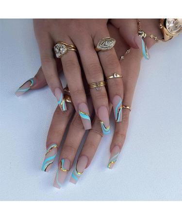 48pcs (2pack) Long Press On Nails with Green Wave Print French Ballerina Fake Nail Tips DIY Arylic False Nail Tips Press-on False Nails for Women and Girls