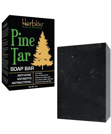 Herblov All Natural Pine Tar Soap Bar 4oz Antibacterial Antiseptic Anti Acne Eczema Psoriasis Itch Relief Face & Body Wash Cleanser – Pure Goat’s Milk Soap with Oatmeal, Charcoal, Essential Oils