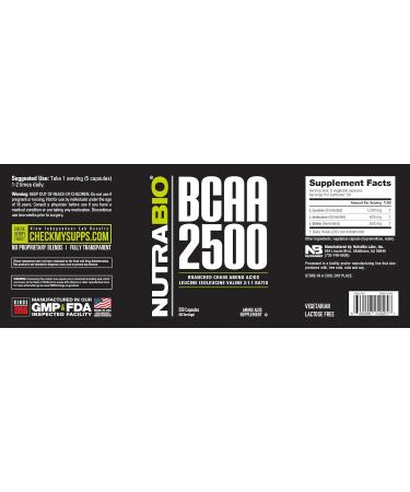 NutraBio BCAA 2500 - Branched Chain Amino Acids for Muscle Growth & Recovery | 250 Capsules - Buy Internationally - Buy Online on GoSupps.com