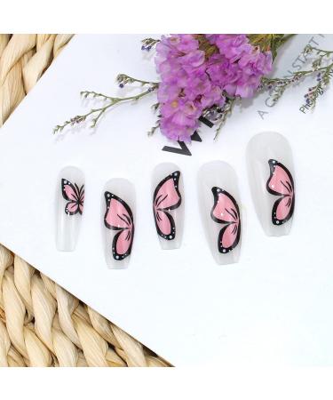 24Pcs Pink Butterfly Press on Nails - Exquisite Design Full Cover Acrylic Nails for Women - Spring Nail Art Decorations - Buy Online on GoSupps.com