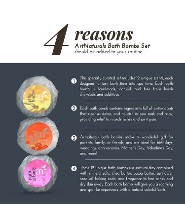 ArtNaturals Large Bath Bombs Gift Set - 12 Handmade Essential Oil Spa Bubble Bath Fizzies for Relaxation & Moisturizing - Ideal for Women, Kids & Men (4 Oz each) - Buy Online on GoSupps.com