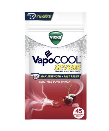 Vicks VapoCool Severe Medicated Sore Throat Drops Max Strength Menthol Soothes Sore Throat Pain Cherry Flavor 45ct 45 Count (Pack of 1)