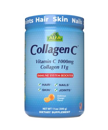 ALFA VITAMINS CollagenC Hydrolysate Peptides Powder Supplement with 1 000mg Vitamin C - Premium Quality Source of Nutrients - Skin Hair Nails Immune Boost & Joints Support - Orange Flavor -11 OZ