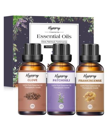 Hyppry 3 x 30ml Essential Oils Set Therapeutic Grade Clove Frankincense Patchouli - 100% Pure Natural Diffuser Oil for Aromatherapy Home Fragrance Toothache Skin Care Soaps & Candles Making Clove Patchouli Frankincense