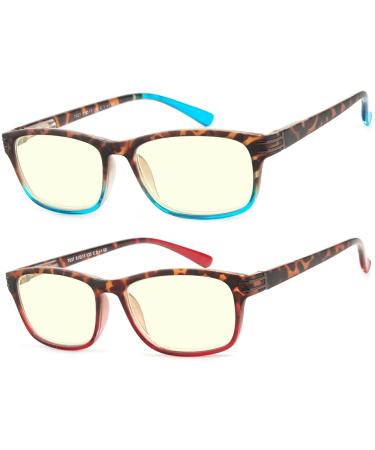 Success Eyewear Computer Glasses 2 Pair Anti Glare Spring Hinge Ombre Color Computer Reading Glasses for Men and Women Set of Havana Blue and Havana Red 2 Set of Havana Blue and Havana Red 2.0 x