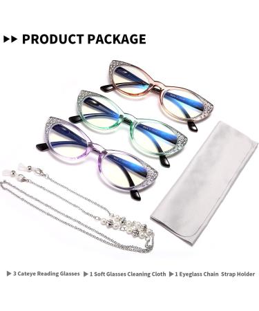 Cat Eye Reading Glasses for Women 3 Pack - Blue Light Blocking Anti-Glare UV Rays +1.50 Eyeglasses Brown/Green/Purple - Buy Online on GoSupps.com