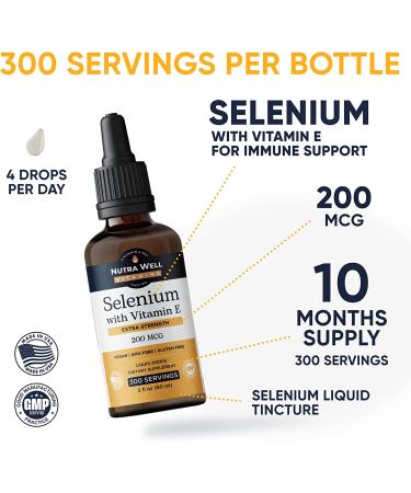 Nutra Well Vitamins Selenium 200mcg Liquid Drops with Vitamin E - Immune & Heart Support, Thyroid Health - 300 Servings - Buy Online on GoSupps.com