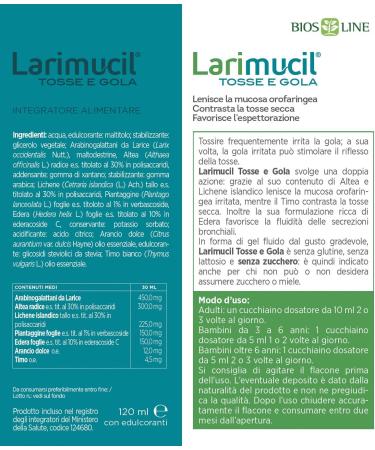 BIOS LINE Larimucil cough and neck syrup food supplement cough soothing liquid gel counteracts dry cough and fat soothes the oropharyngeal mucosa 120 ml bottle without - Buy Online on GoSupps.com