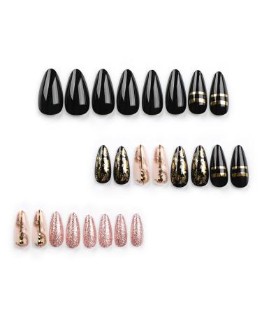 Mouyouglow Press on Nails - Almond Black Gold Foil & Pink Glitter - Glossy Marble Nail Art with Glue - Y17 - Buy Online on GoSupps.com