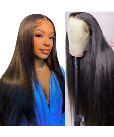 13x4 Straight Lace Front Human Hair Wigs Glueless HD Transparent Lace Frontal Wigs Pre Plucked with Baby Hair Natural Hairline Brazilian Unprocessed Bone Virgin Human Hair Natural Color 24 Inch