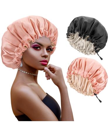 Atudew Satin Bonnet, 2PCS Silk Bonnet, Hair Bonnet for Black Women for Curly Hair Sleeping, Silk Sleeping Cap, Satin Sleep Cap, Satin Night Cap, Hair Cap for Sleeping, Sleep Bonnet, Adjustable 2pcs Black & Pink