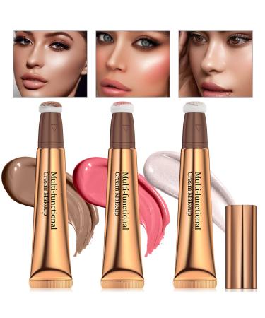 3pcs Liquid Contour Beauty Wand  Liquid Blusher Highlighter Contouring Stick Set With Cushion Applicator Liquid Bronzer Stick Contour for Long Lasting Natural Shimmer Smooth Silky Cream Makeup