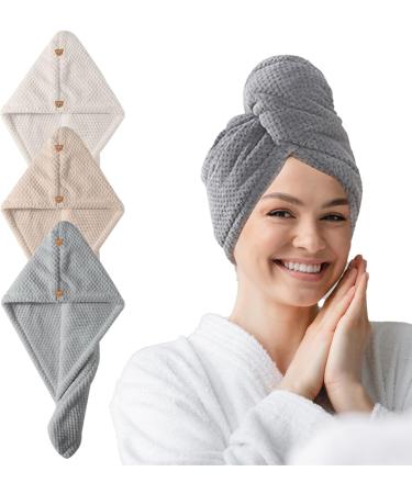 Soft Absorbent Hair Towel Wrap 3Pcs | Quick Dry Hair Turban with Cute Bear Button - 9.5x25 Inch - Buy Online on GoSupps.com