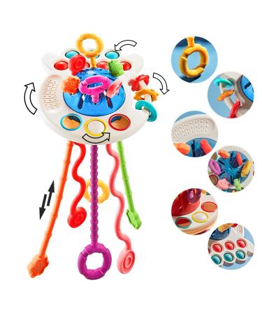 Silicone Pull String Interactive Toy, New 4-in-1 Silicone Pull String Baby Toy,Hidden Surprise Toys for Kids,Toys for Boys/Girls/Toddlers/Baby Age 18 M+ Octopus-4-in-1