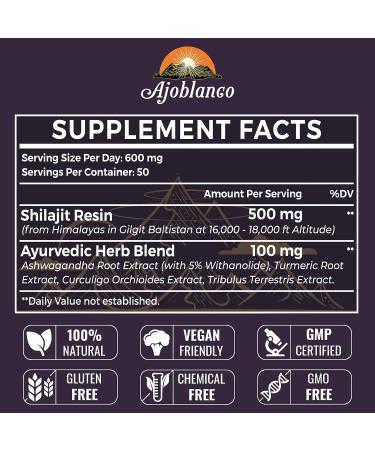 Ajoblanco 600mg Shilajit Pure Himalayan Organic Resin - High Potency Ayurvedic Blend for Energy, Strength & Immunity - 30g/1oz - Buy Online on GoSupps.com
