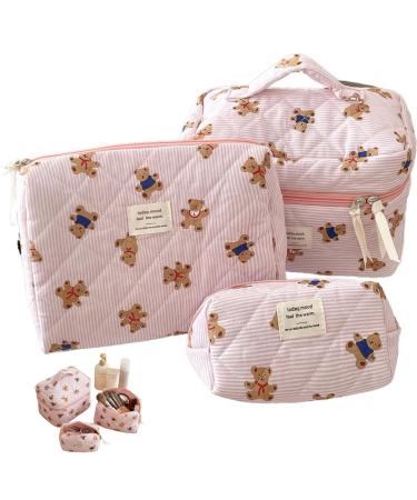 Trousse de Maquillage matelass e 3 pi ces Ours Mignon Ensemble de Trousse Maquillage Organisateur cosm tiques avec Toilette Voyage Fermeture clair pour Femmes Filles (Style 1) Style-1