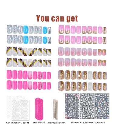 6 Packs (144Pcs) Medium Length French Design Press on Nails Set with 5D Flower Nail Art Sticker - White Purple Gold Blue Pink Gradient Flash Fake Square Glue on Nails - Buy Online on GoSupps.com