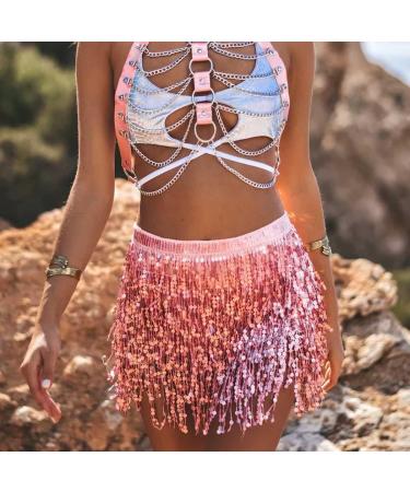 TWINKLEDE Boho Fringe Sequin Tassel Belly Dance Hip Scarf in D Pink - For Women and Girls - Buy Online on GoSupps.com