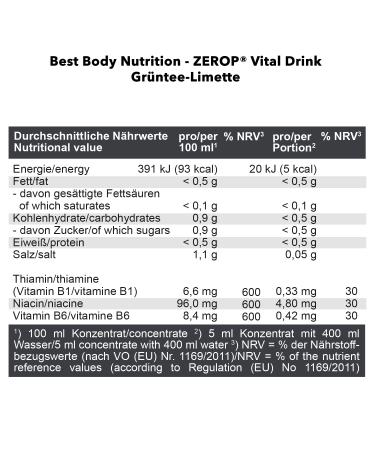 Best Body Nutrition Vital Drink Zerop - Sugar-Free Green Tea Lime Concentrate (500ml) - 40L Yield - Original Beverage Syrup - Buy Online on GoSupps.com