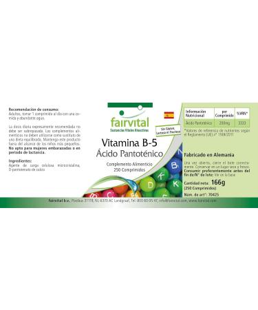 Fairvital | Vitamin B5 pantothenic acid 200mg - 8 months cure - VEGAN - High dosed - 250 tablets - Buy Online on GoSupps.com