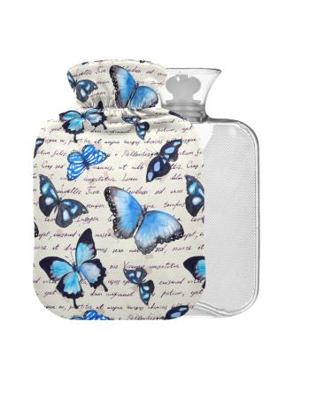 Blue Butterflies Hot Water Bottle with Cover 1L Small Hot Water Bag for Pain Relief Hot and Cold Compress BPA Free