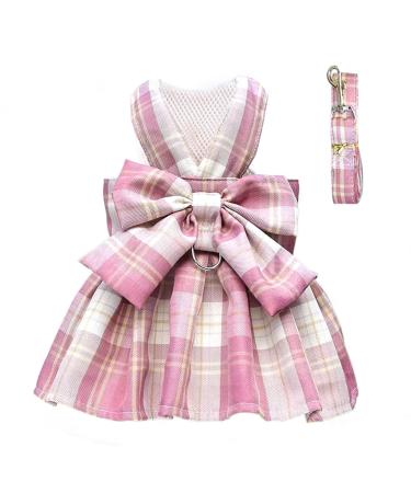PETCARE Plaid Dog Dress Bow Tie Harness Leash Set for Small Dogs Cats Girl Cute Princess Dog Dresses Spring Summer Puppy Bunny Rabbit Clothes Chihuahua Yorkies Pet Outfits S (Suggest 3-5 lbs) Pink