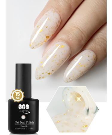 YTD Likomey Nude Gel Nail Polish,15ml Gold Foil Milky White Translucent French Jelly Light White Skin Tone UV Nail Gel Polish Varnish Milky White Gold Foil