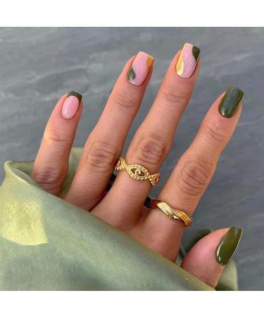 24Pcs Square False Nails Short Green Elegant French Press on Nails with Glue Sticker Acrylic Full Cover Stick on Nails Fake Nail for Women and Girls Nail Art DIY Decoration French Green