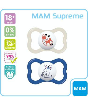 MAM Supreme Silicone Pacifier Set for 18+ Months | Includes Pacifier Box | Tooth Misalignment Prevention | Various Models & Colors Available - Buy Online on GoSupps.com