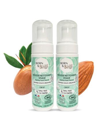 BORN TO BIO Organic Face Cleansing Foam for Combination Skin - Pack of 2 x 150 ml: Comfort - Sweet Argan Almond - Gentle and