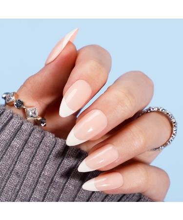 BettyCora French Press On Nails - Pointed Almond Acrylic False Nails - 24 Pcs Short/Medium Fake Nails - French White D13 - Buy Online on GoSupps.com