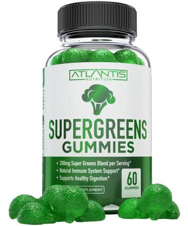 Atlantis Nutrition Supergreens Gummies - Daily Green Superfoods Supplement with Spinach Broccoli Moringa Beet Root Celery Green Tea & Acai for Immunity Support - Natural Raspberry Flavor 60 cnt 60 Count (Pack of 1)