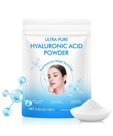 Hyaluronic Acid Powder 100% Pure & Natural Dual Molecular Weight Hyaluronic Serum Powder nhance Moisture Reduce Wrinkles Anti-Aging Skin Care & DIY Facial Serum(100 Grams)