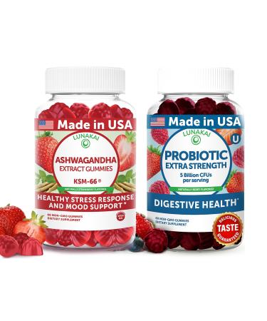 Lunakai USA Made Ashwagandha KSM-66 & Probiotic Gummies Bundle Daily Mood & Digestive Support 60 Non-GMO Gummies Each